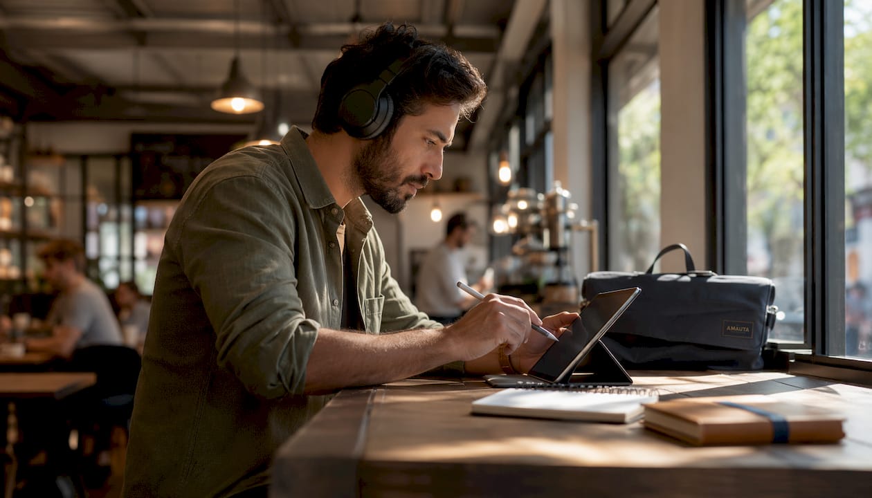 Man monitoring social media backlash at home office