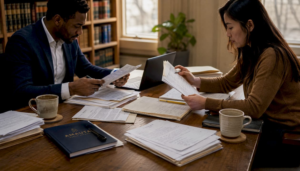Hands sorting legal documents in research phase
