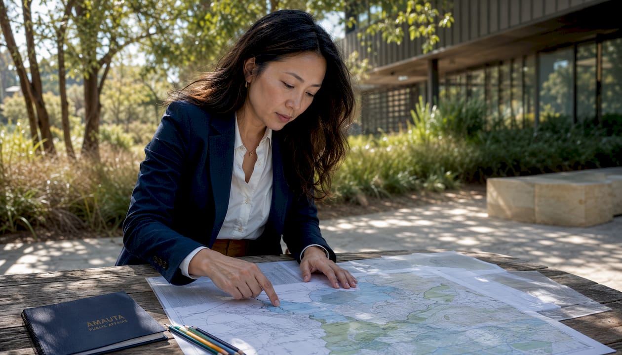 Consultant reviewing environmental site maps