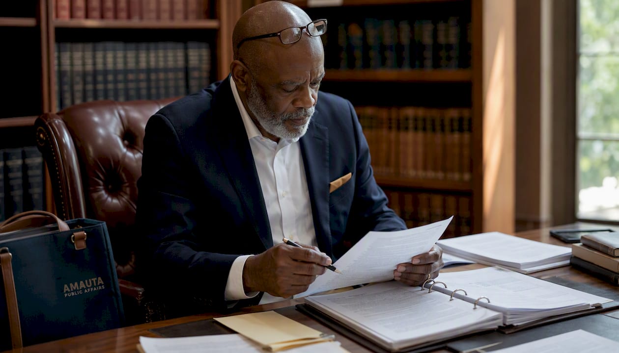 Federal attorney reviewing administrative record papers