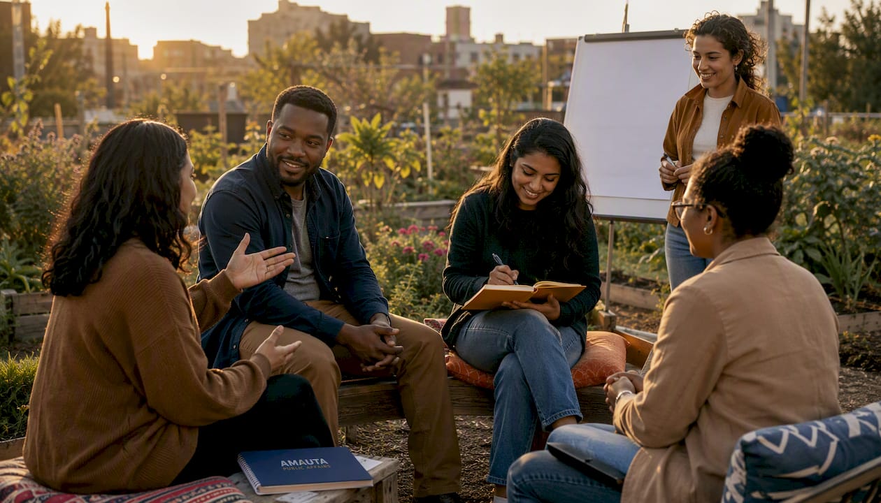Diverse group participating in outdoor civic forum