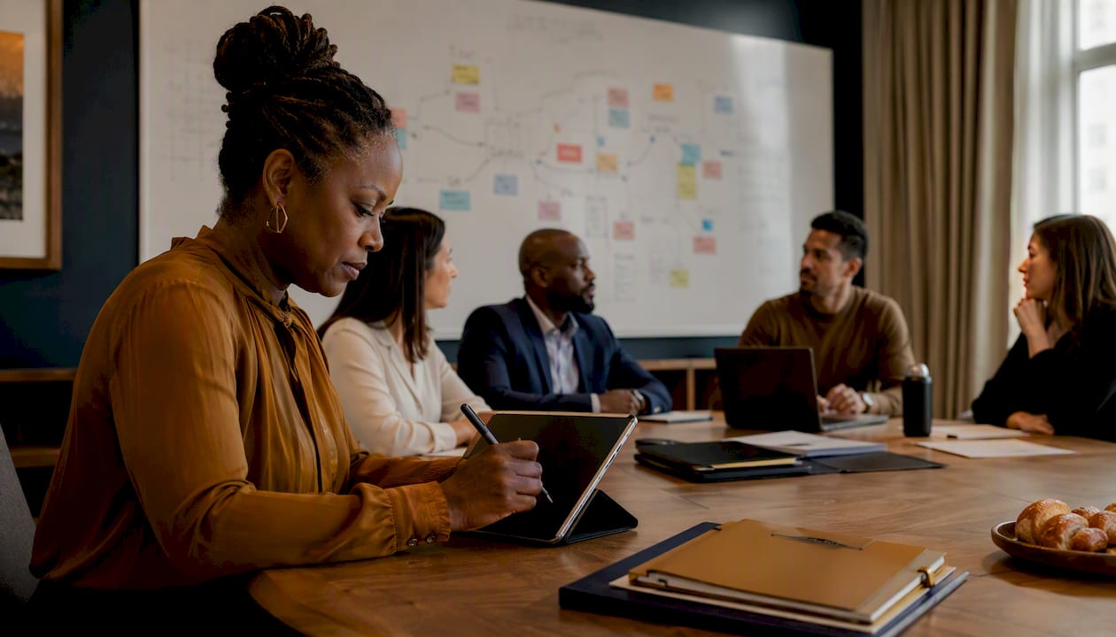 Business team engaged in community meeting discussion