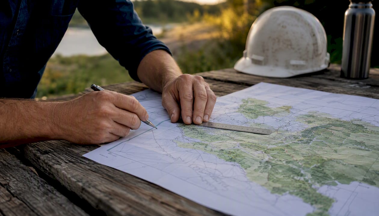 Hands marking building site plan at construction office