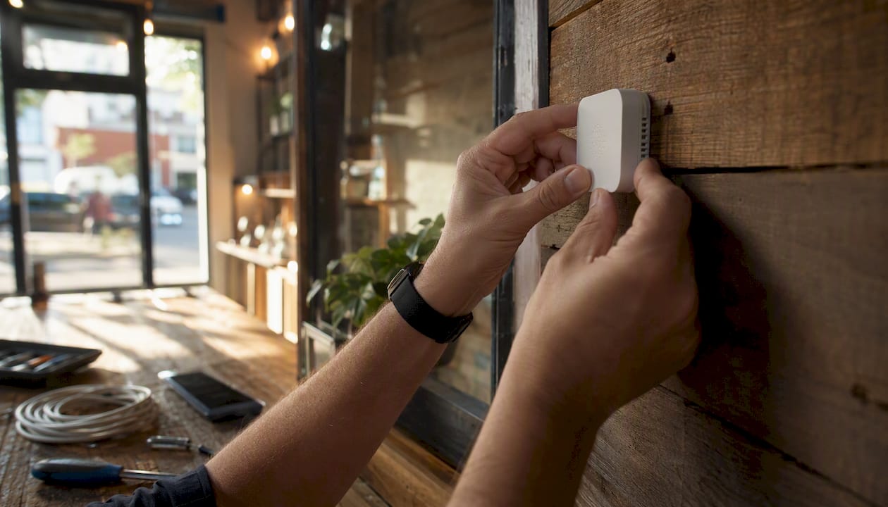 Technician installing building management IoT sensor