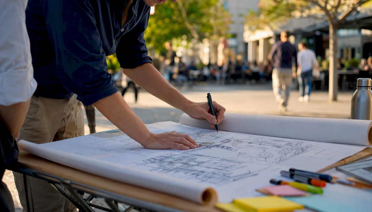 Hands sketching community design in park