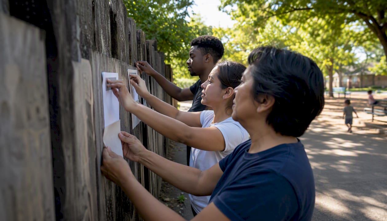Community volunteers placing flyers outdoors