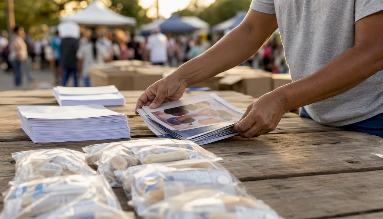 Hands preparing health kits outdoors