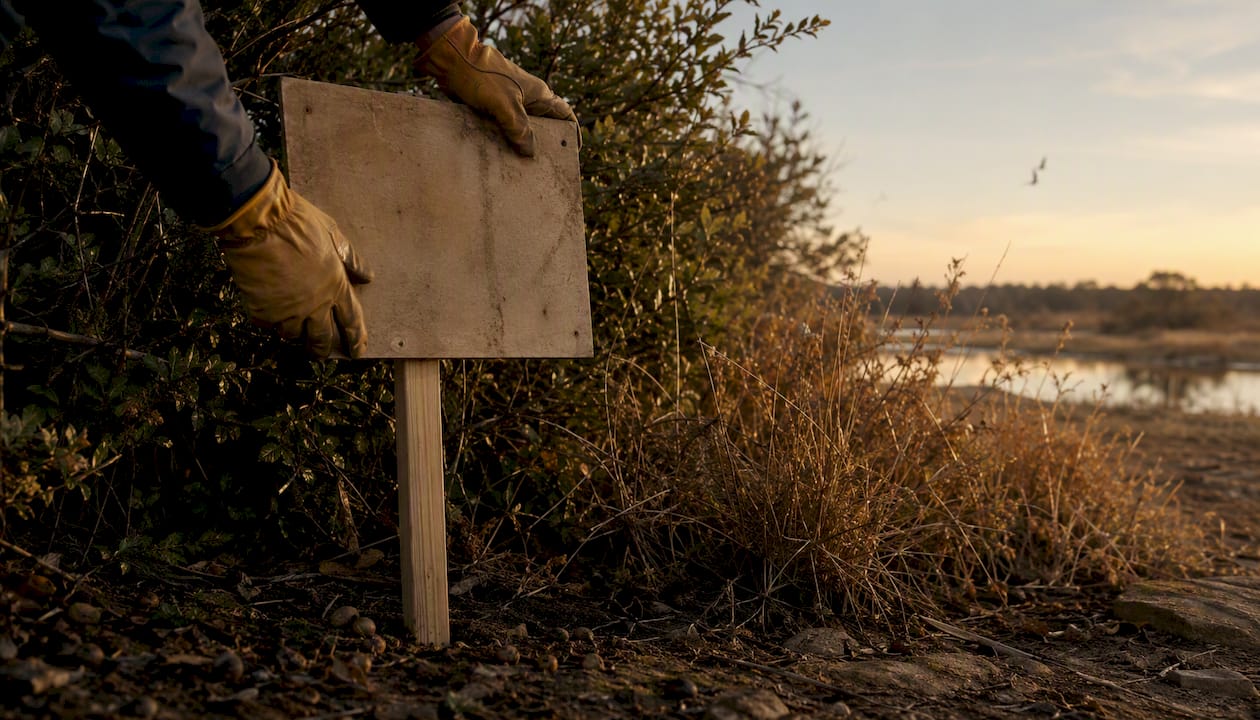 Hand placing habitat protection sign outdoors