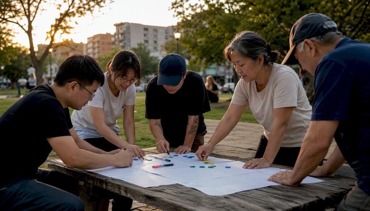 Hands placing tokens at community workshop