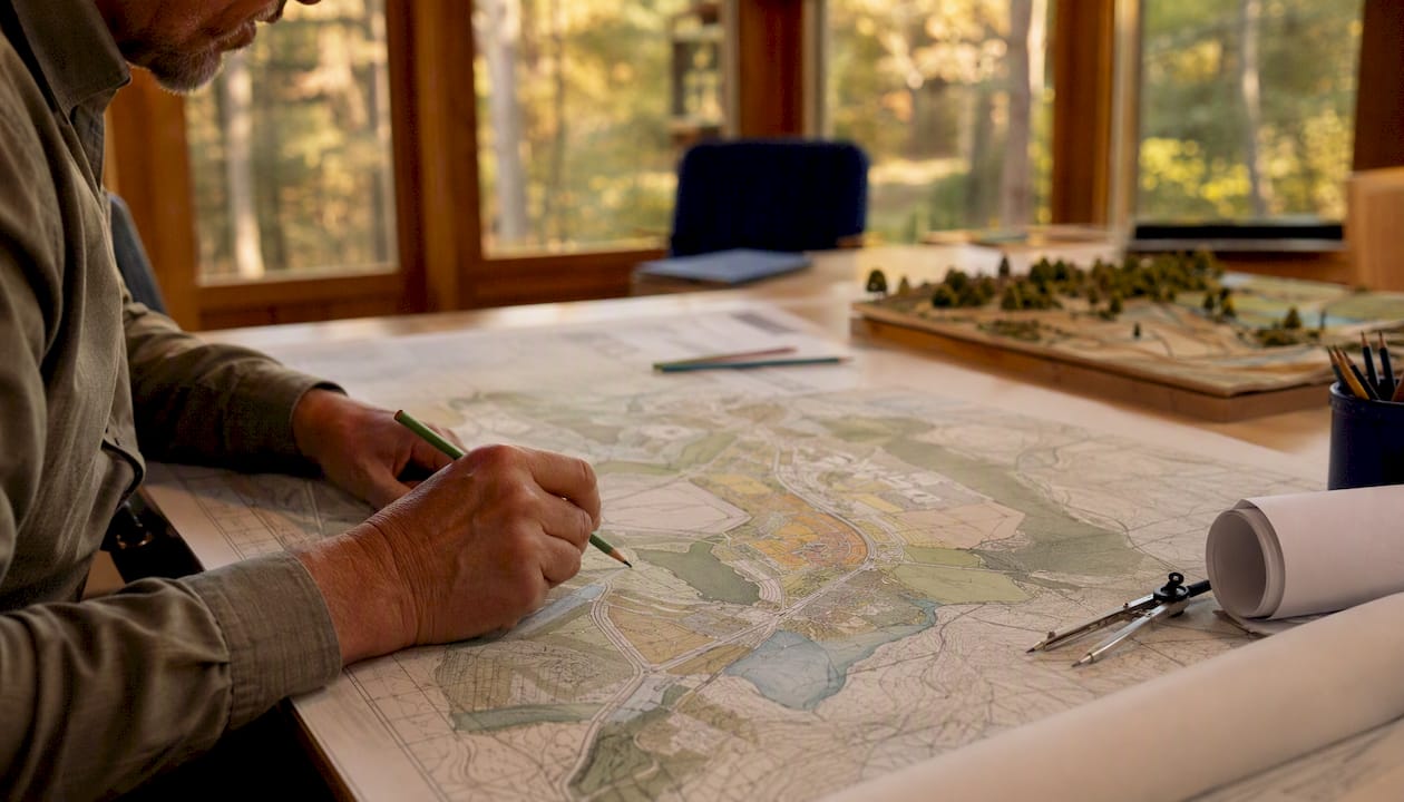 Hands sketching land use map