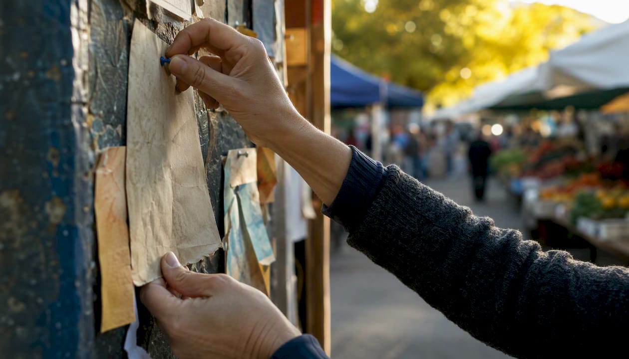 Hands posting community meeting flyer outdoors