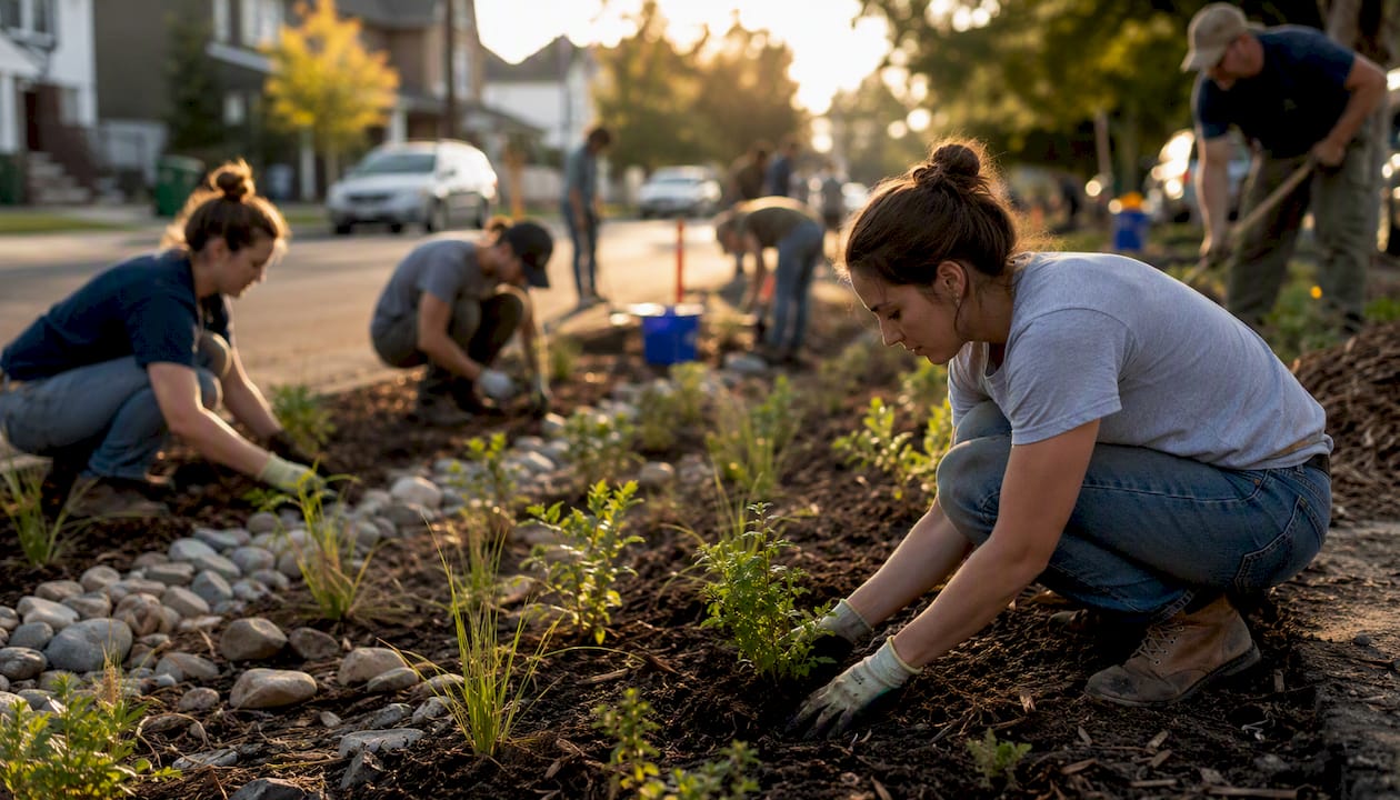 Hands planting green infrastructure plants in neighborhood