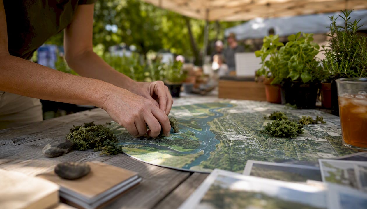 Hands arranging community project map at pop-up table