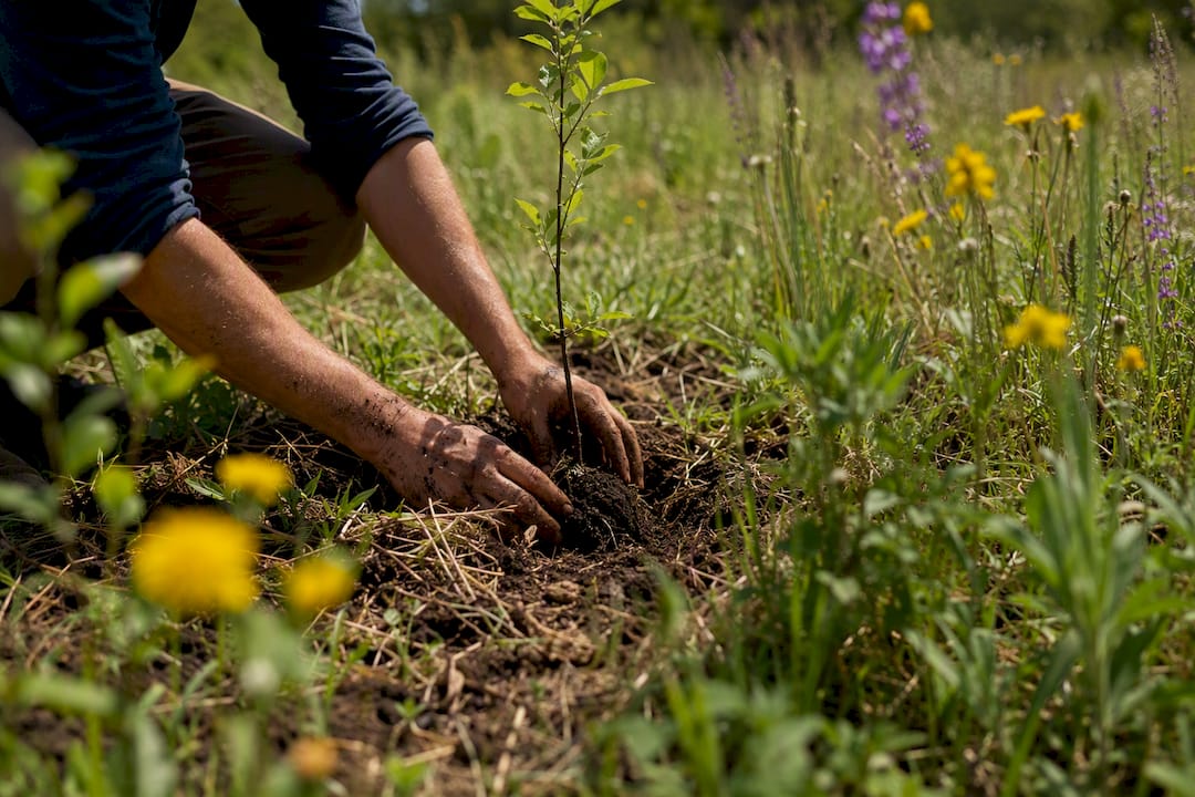 Hands planting tree saplings in forest restoration