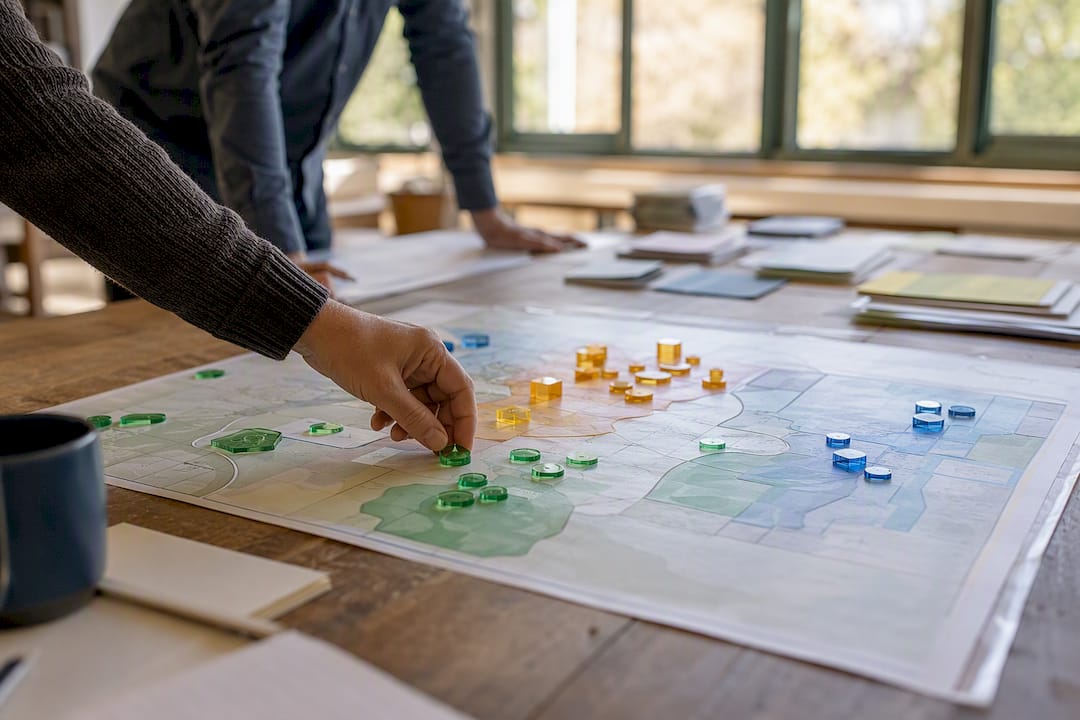 Hands placing tokens on land use planning map