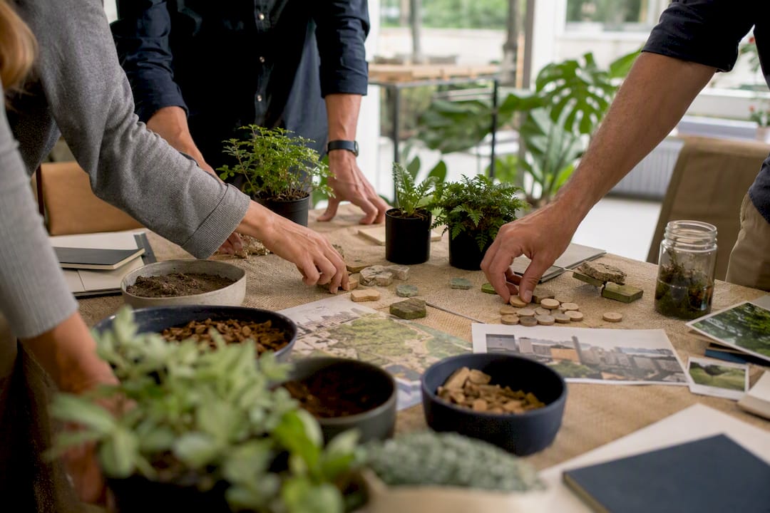 Hands arranging sustainability coalition tokens