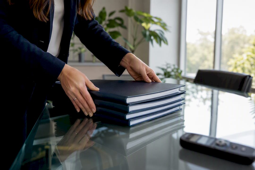 Hands assembling crisis communication protocol binder