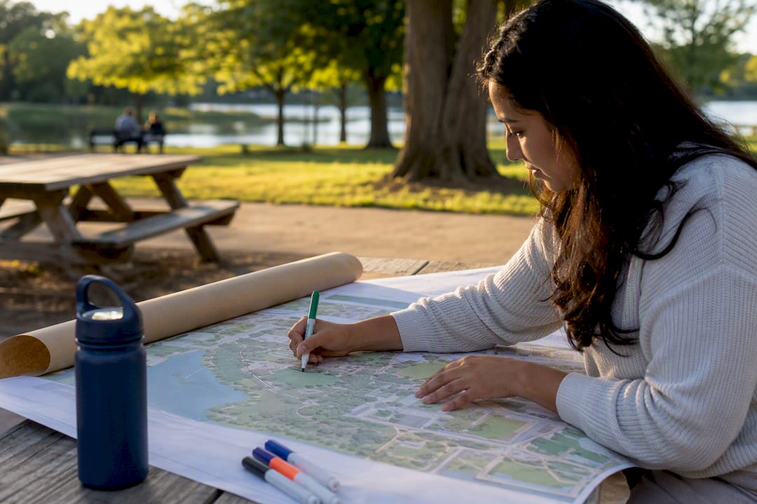 Hands pointing at community project map