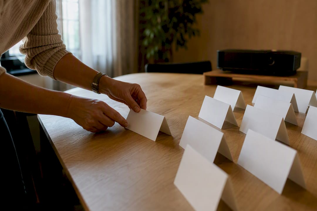 Hands arranging name placards on table