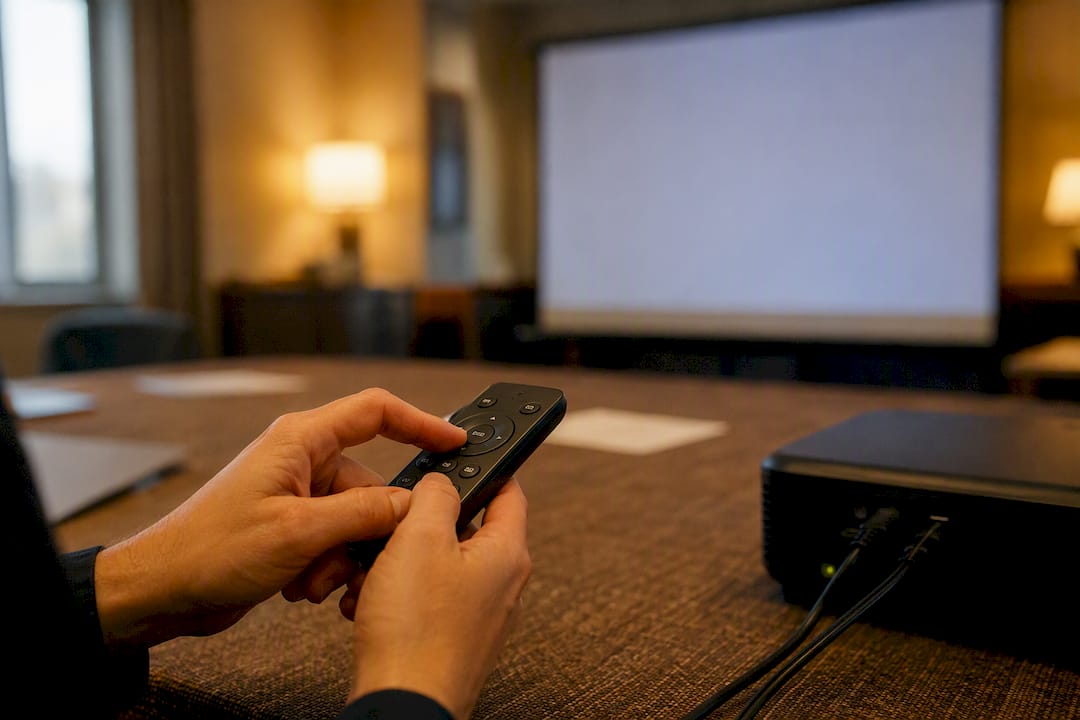 Hands adjusting projector remote in community hall