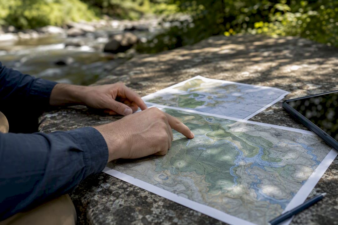 Hands pointing at environmental mitigation maps