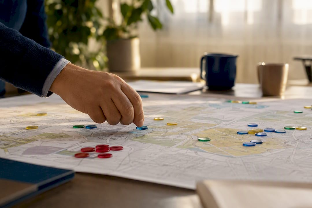 Hand placing token on land-use stakeholder map