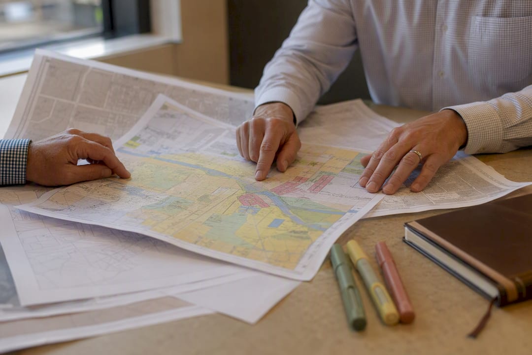 Hands arranging zoning maps on table