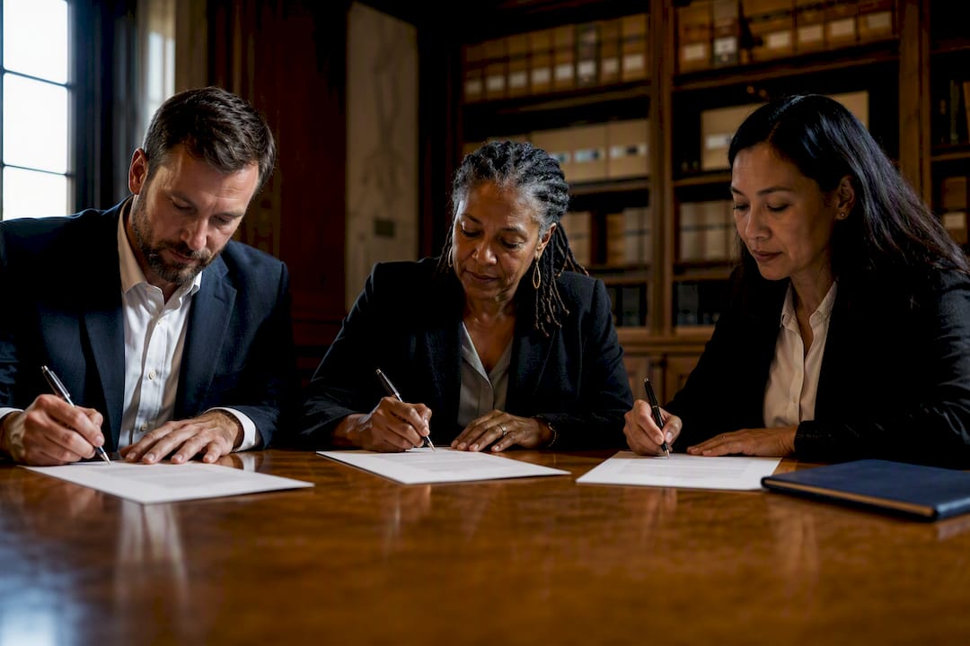 Community benefits agreement signing in civic office