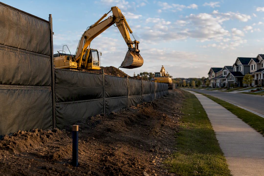 Construction site with acoustic barriers near homes