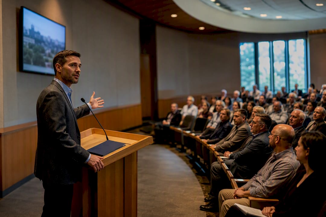 Facilitator opening a public land-use meeting