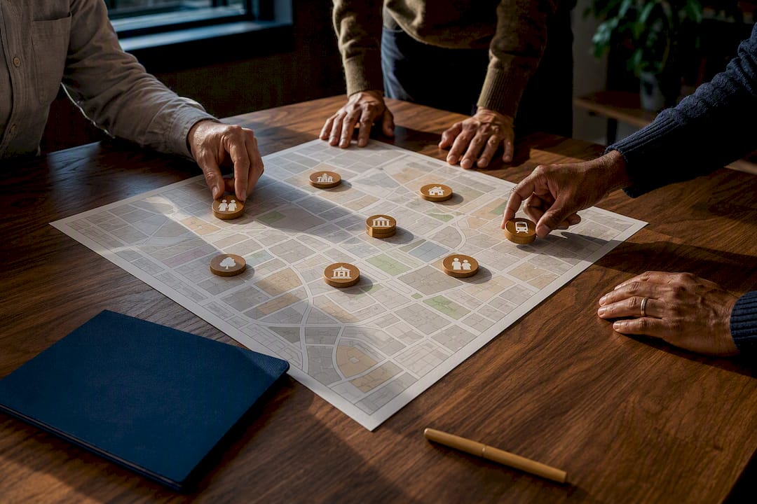 Hands arranging coalition stakeholder markers
