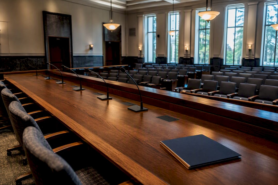 Municipal hearing room prepared for public meeting