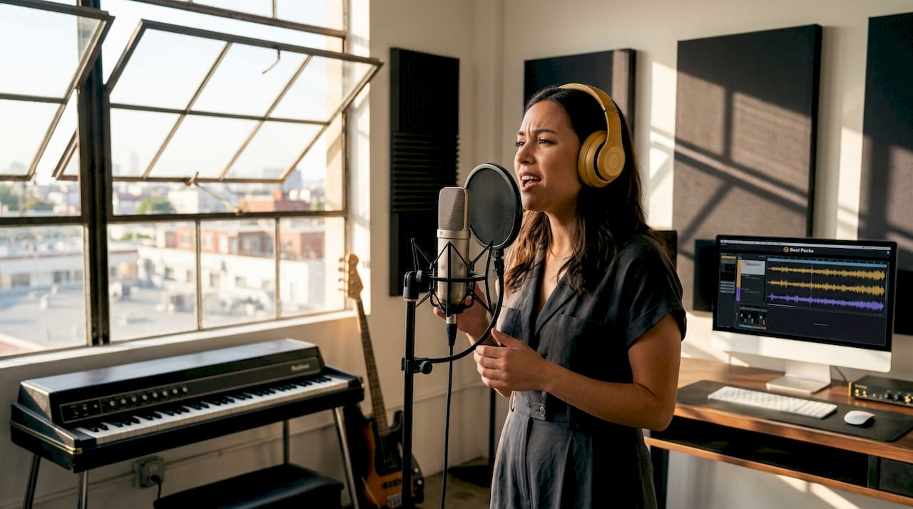 Independent artist recording vocals with microphone