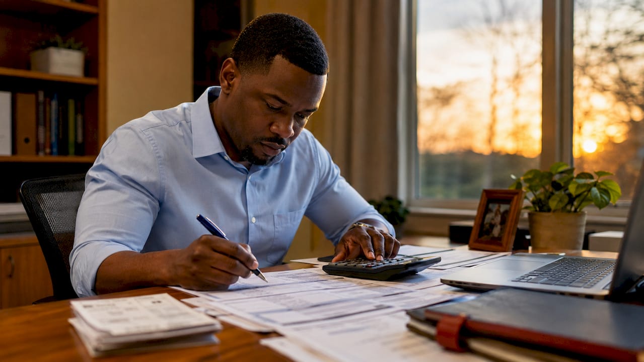 Hands calculating payroll taxes on desk with documents