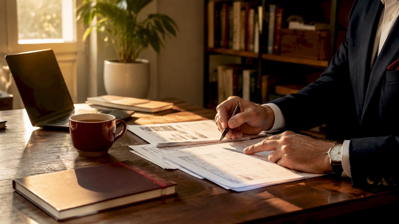 Business owner reviewing local tax documents