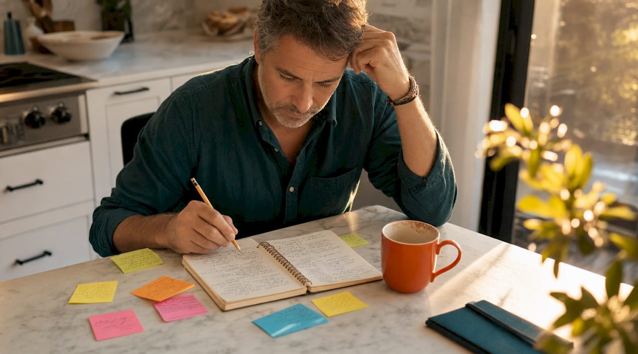 Man brainstorming keywords at home office desk with notebook and tablet