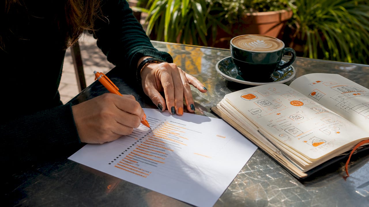 Hands annotating keyword list at café table