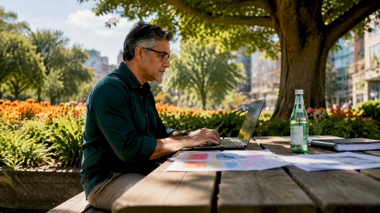 Man evaluating SEO content in café