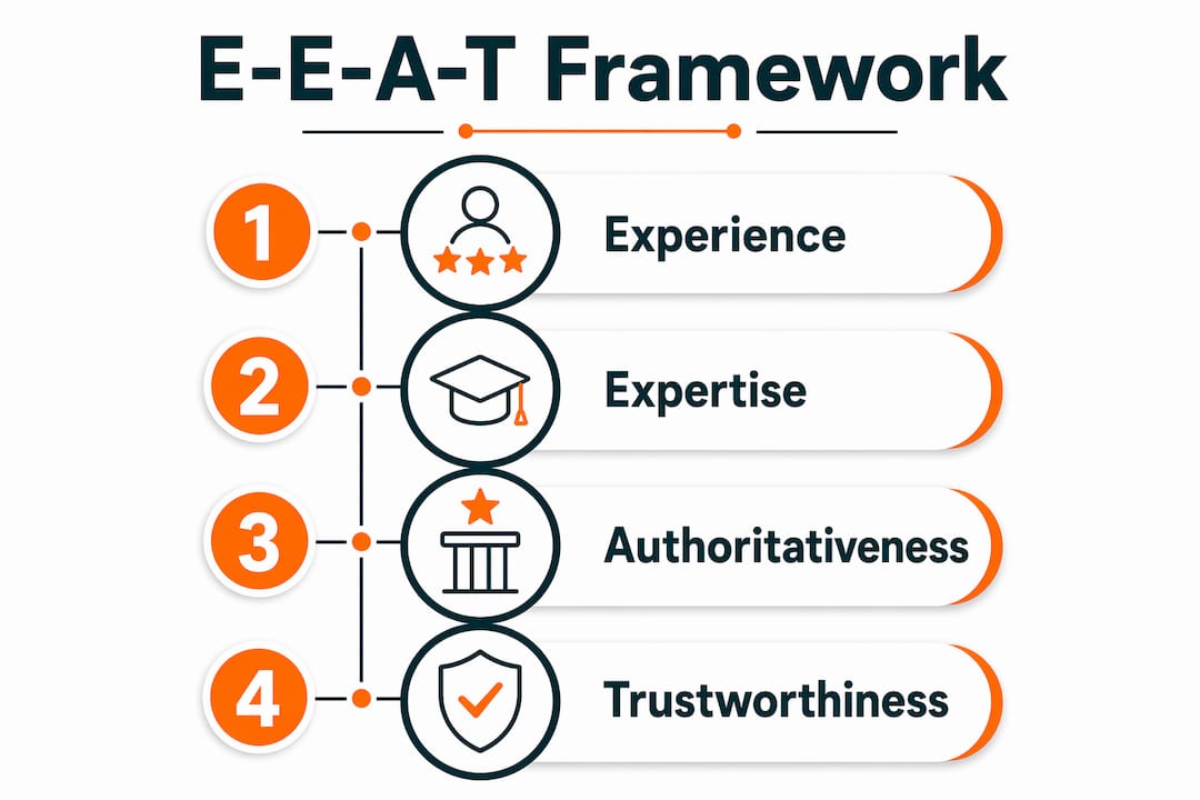 Infographic illustrating E-E-A-T framework steps