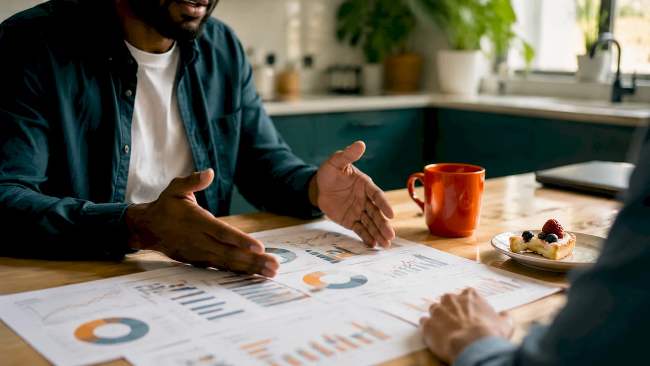 Hands pointing at SEO traffic charts on conference table