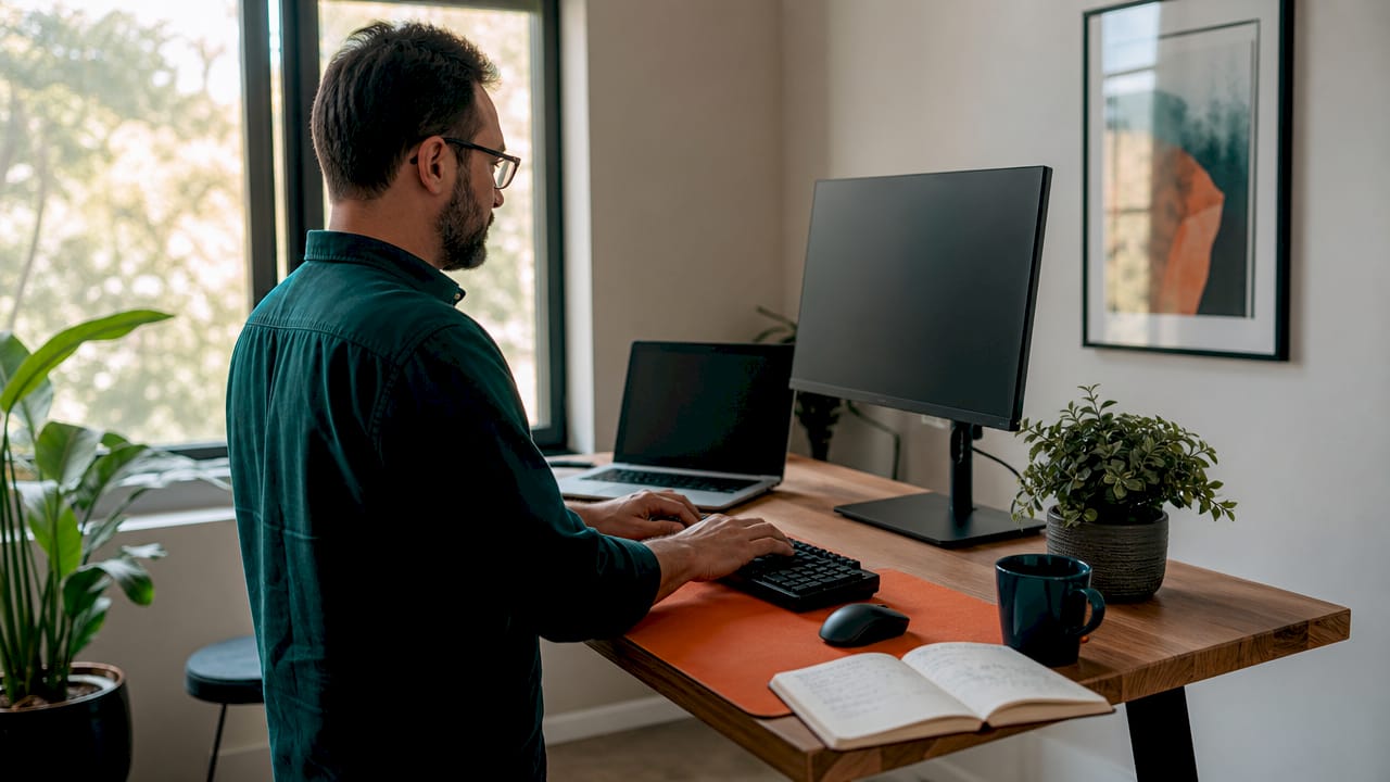 SEO specialist typing with notes and coffee cup