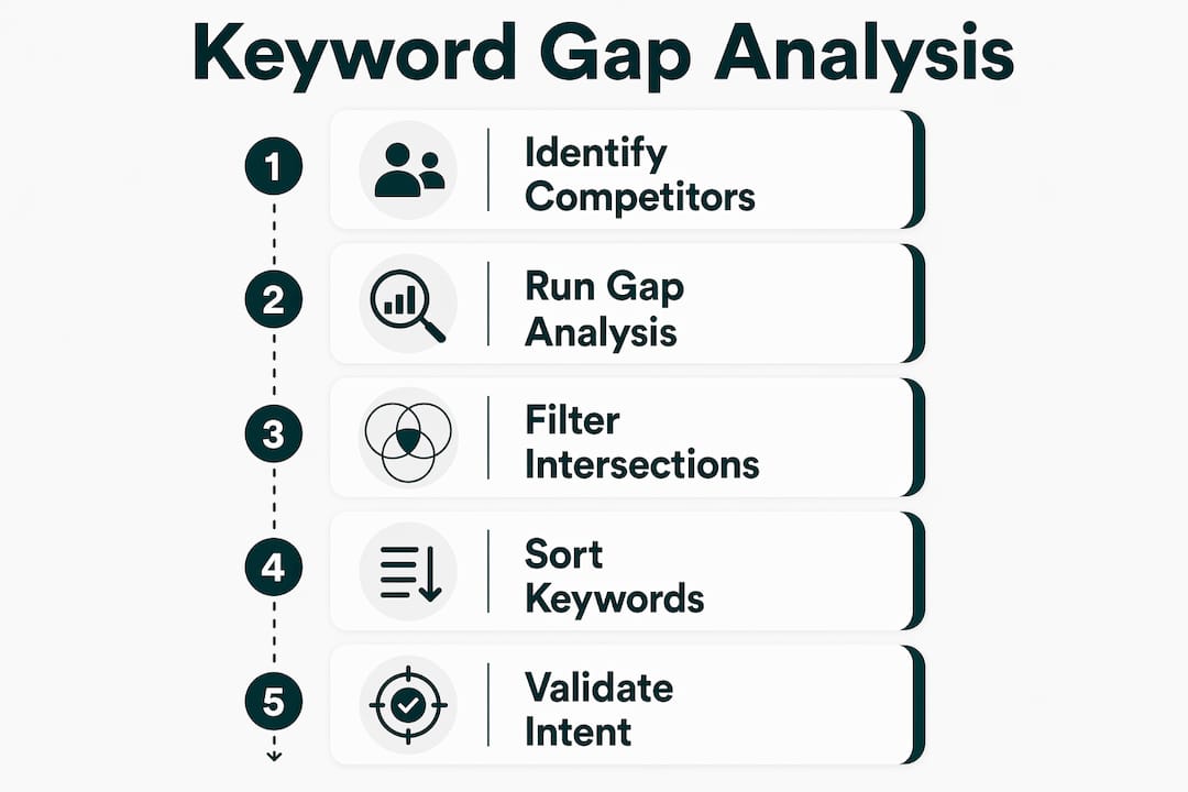 Infographic illustrating competitor keyword gap analysis steps
