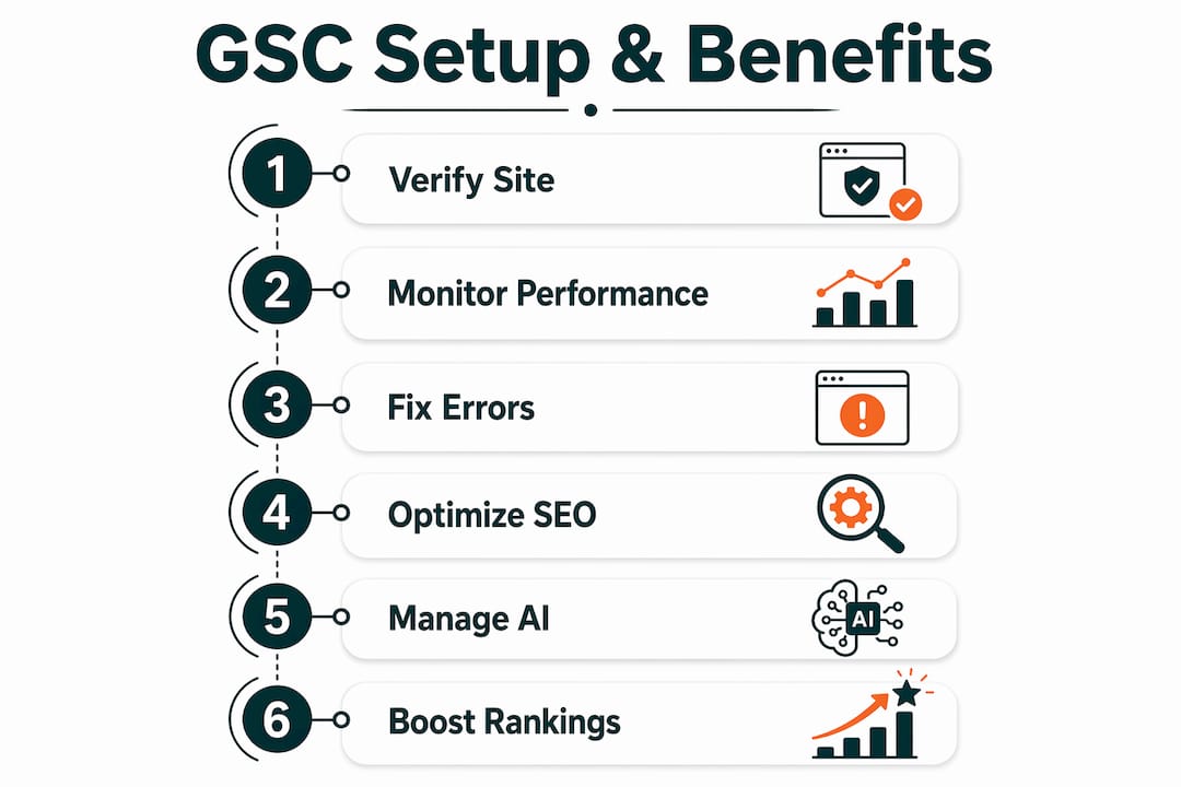 Infographic illustrating Google Search Console setup steps and benefits