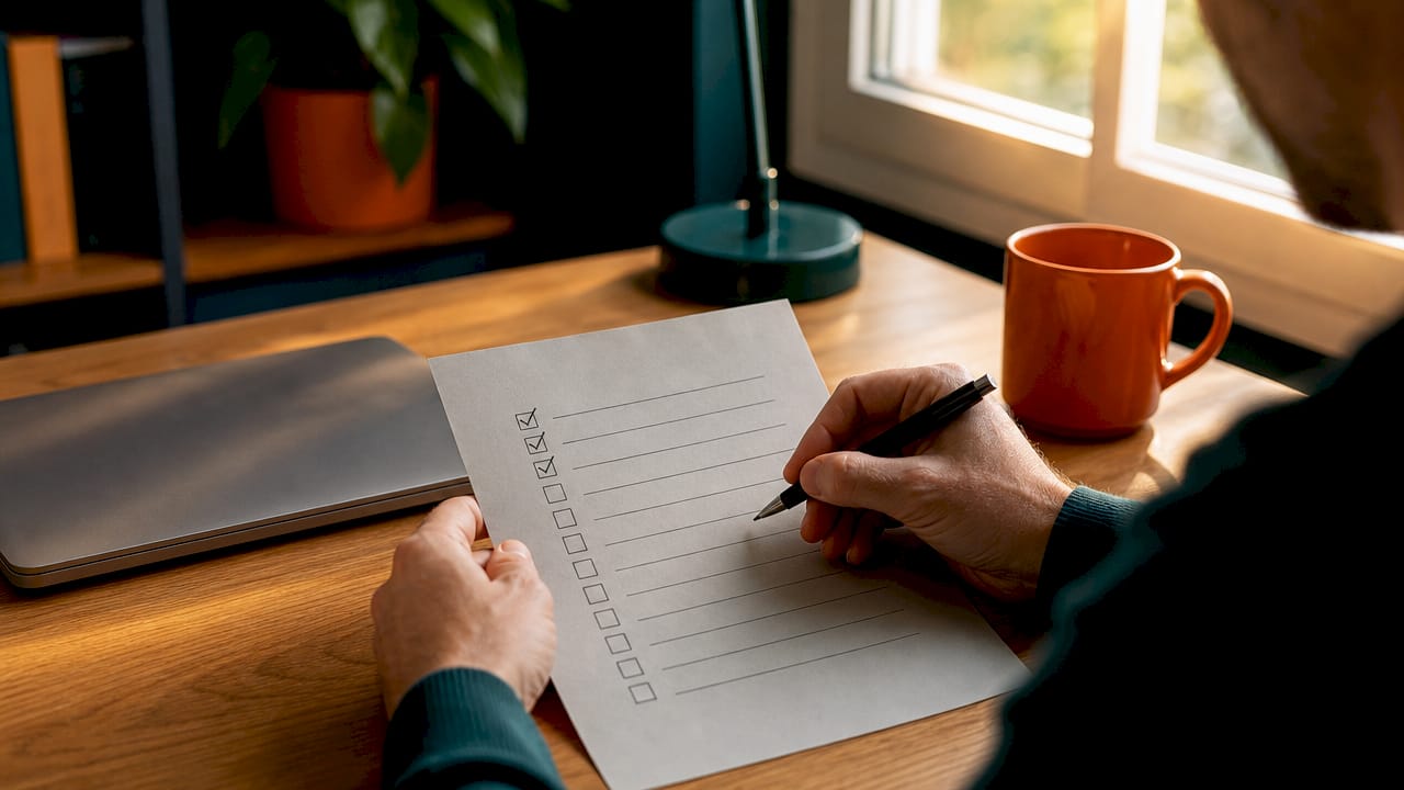 Close-up hands marking SEO content audit checklist