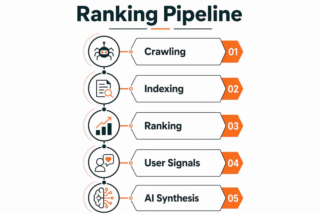 Infographic illustrating search engine ranking pipeline steps