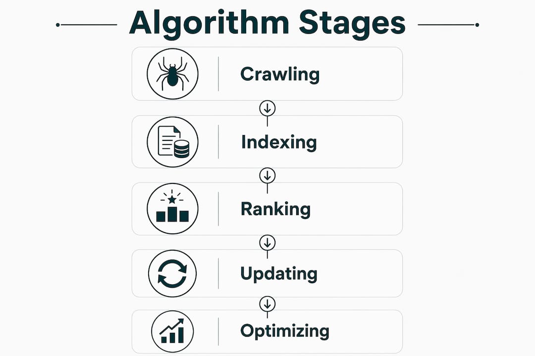 Infographic illustrating stages of search engine algorithms
