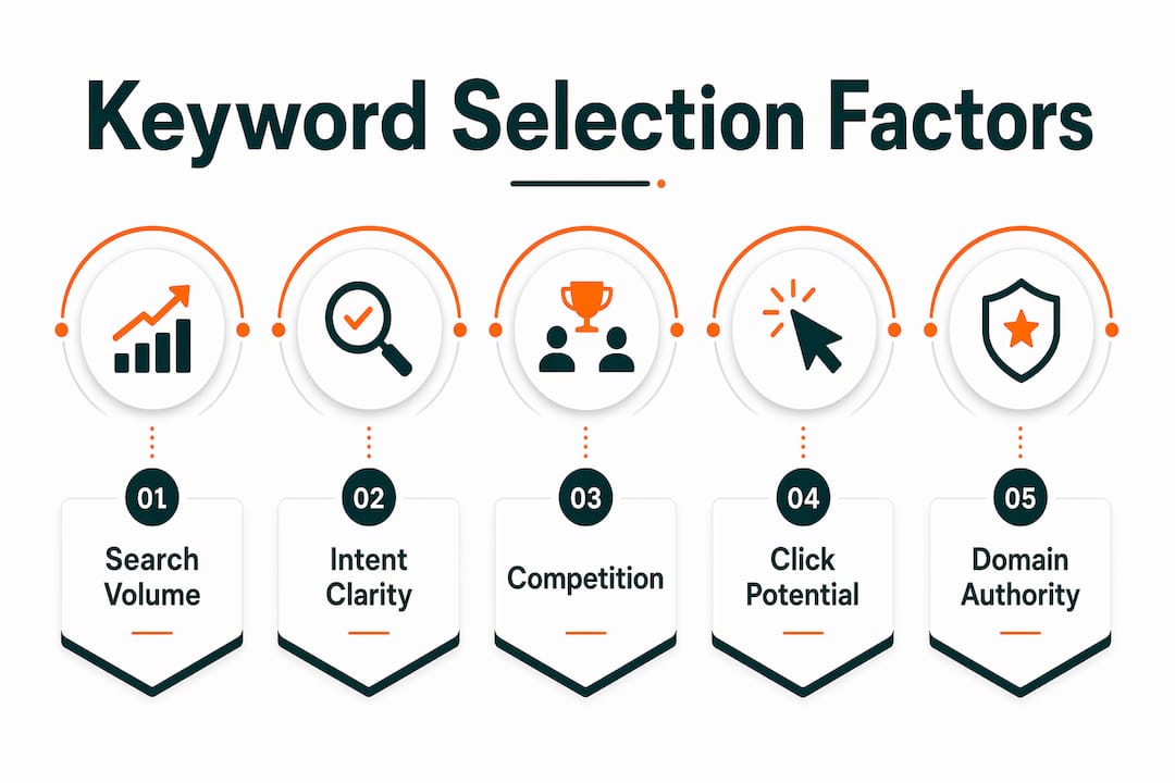 Infographic outlining key keyword selection factors