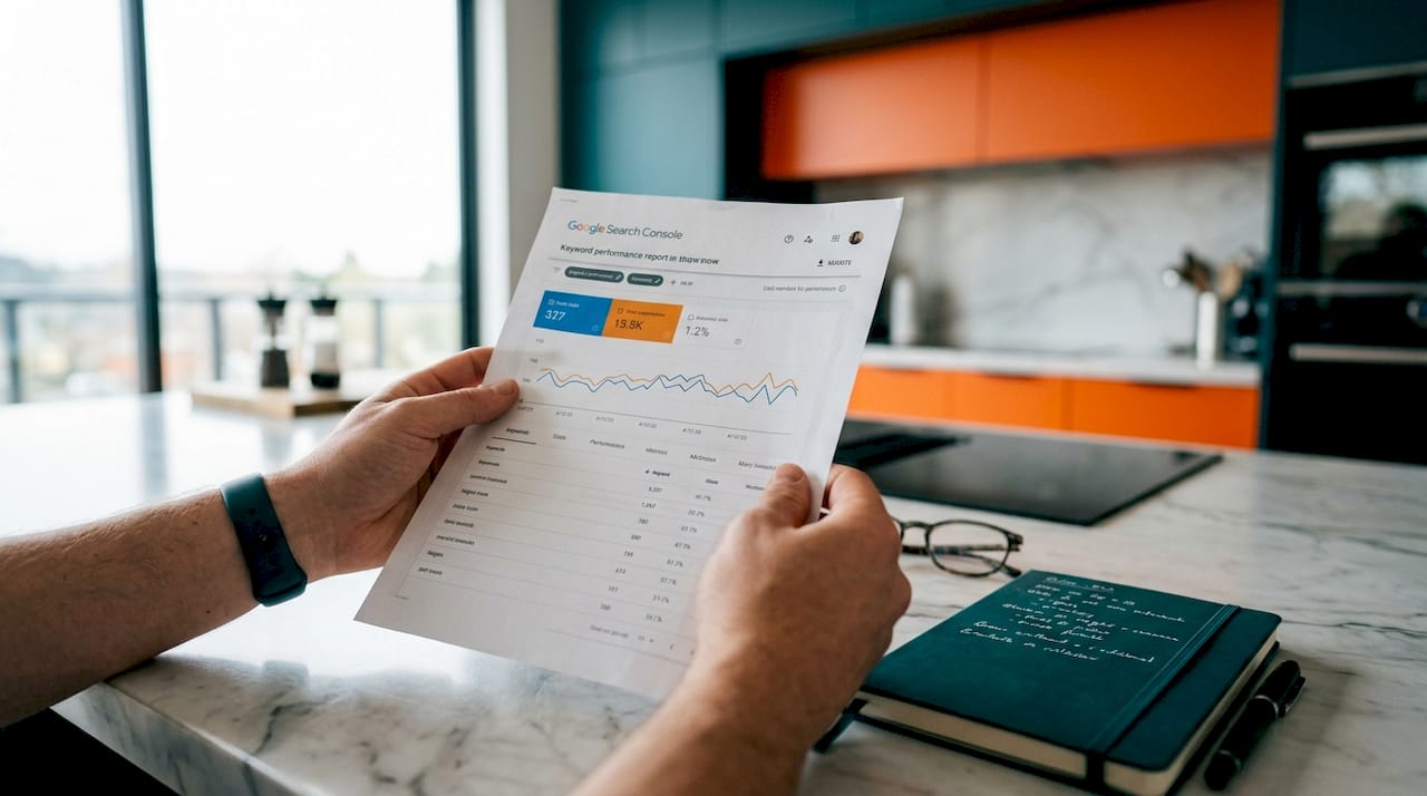 Hands holding keyword performance report over wooden table