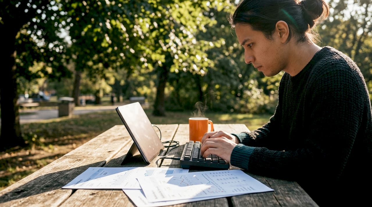 Hands typing near laptop and SEO graphs