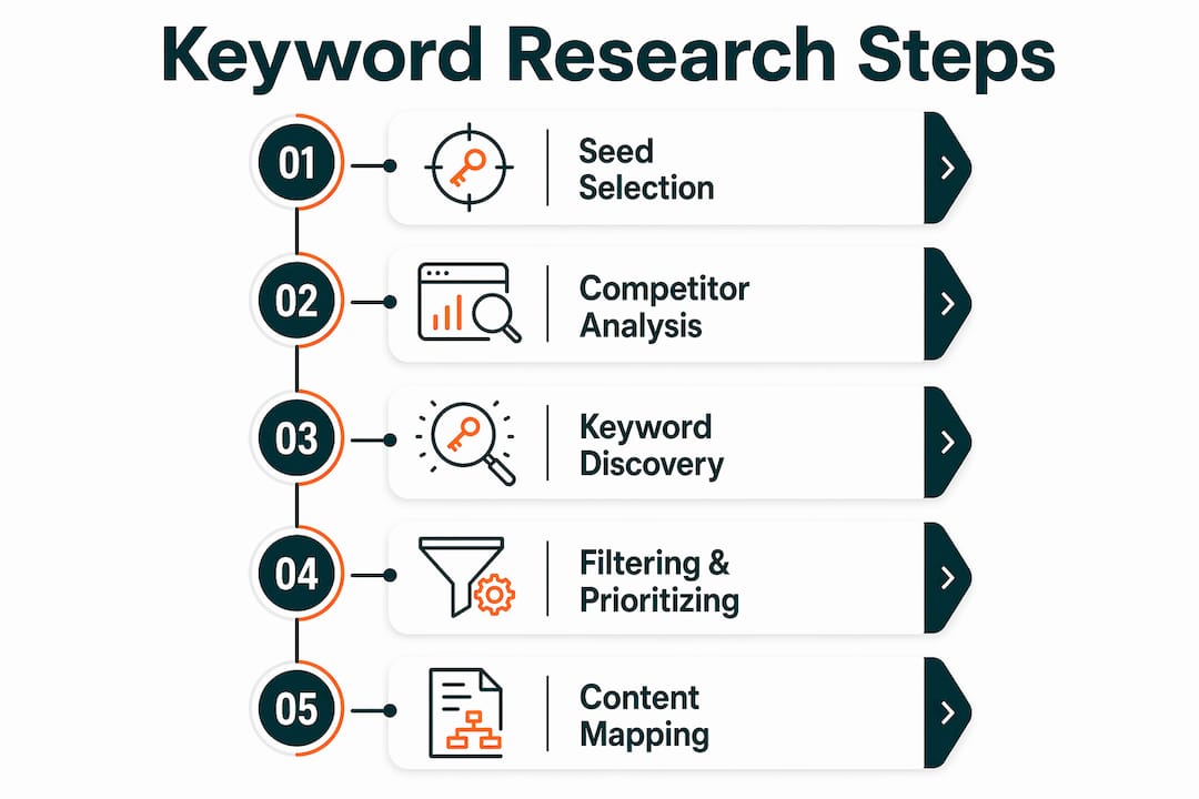Infographic outlining keyword research workflow steps